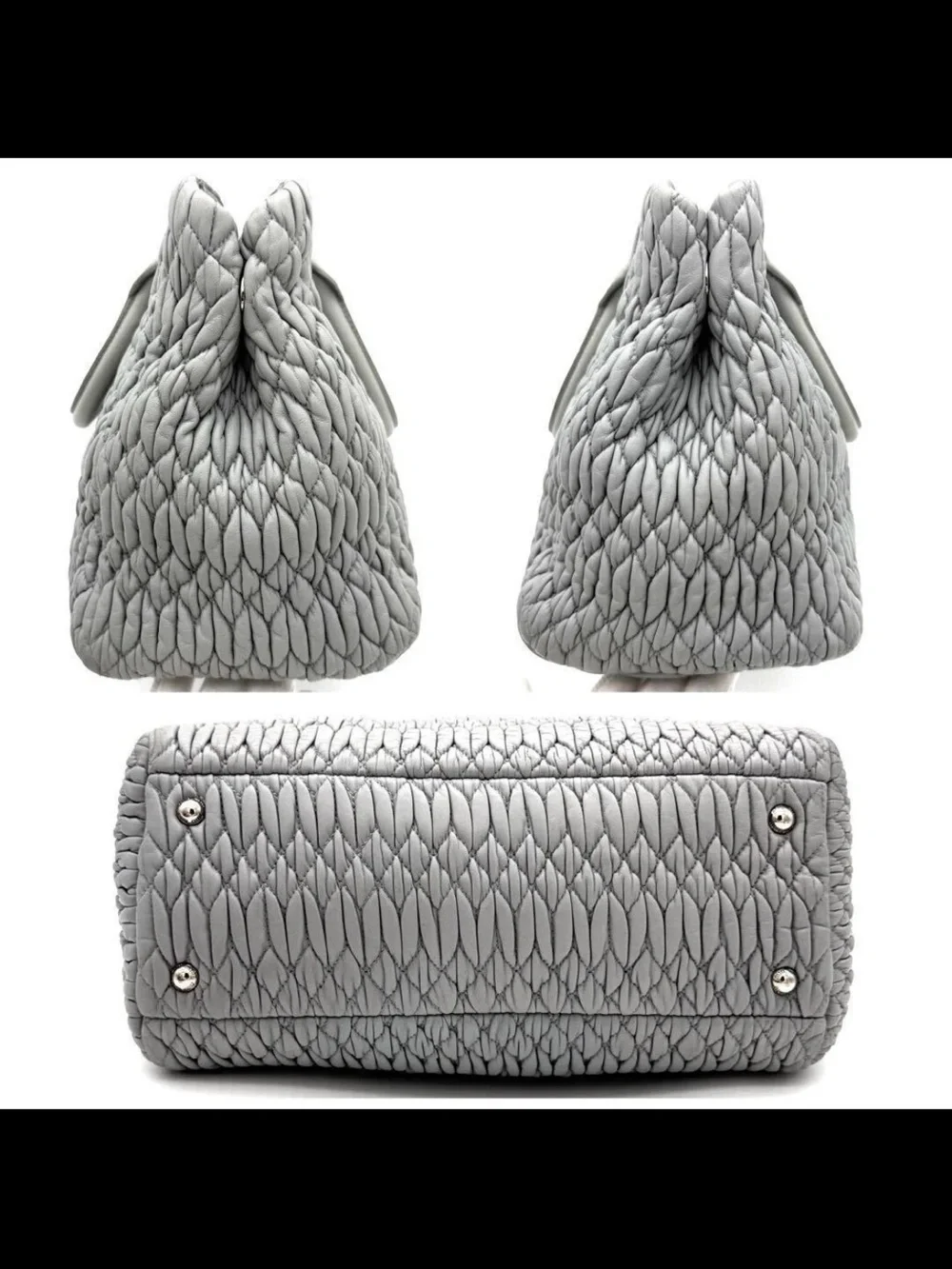 Miu Miu Silver-Gray Quilted Tote with Crystal-Embellished Chain